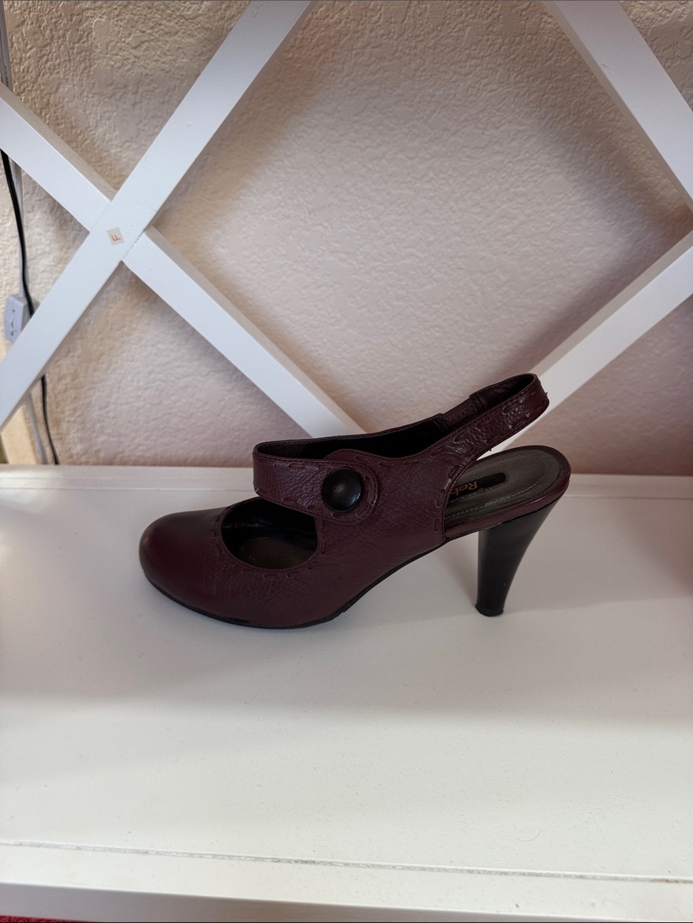 Reba Burgundy Mary Jane Slingback Heel with Button Accent